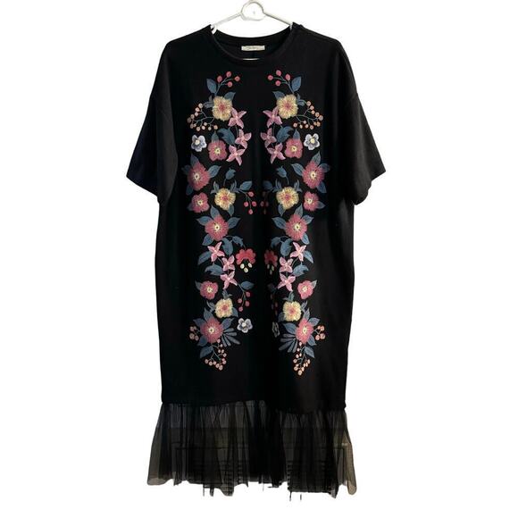 Zara Floral Embroidered Tulle Trim Black Sheath Dress Size Large Fairy Grunge - Picture 1 of 6